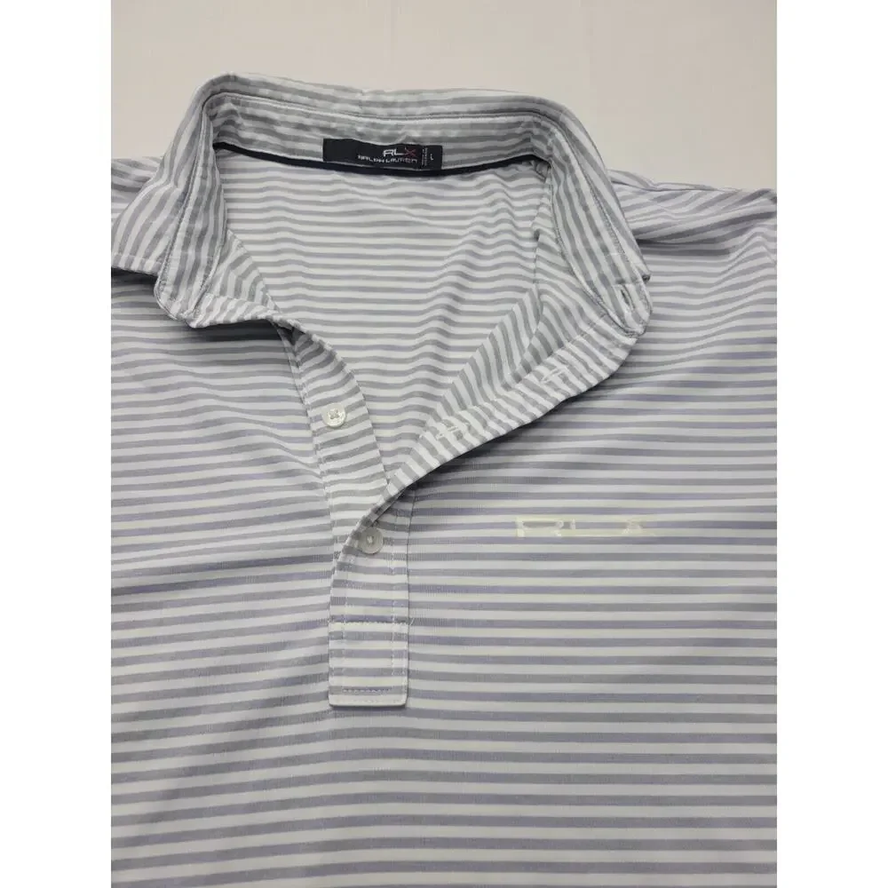 RLX Ralph Lauren Golf Polo Shirt Men’s Size Large SS White Gray Striped Wicking